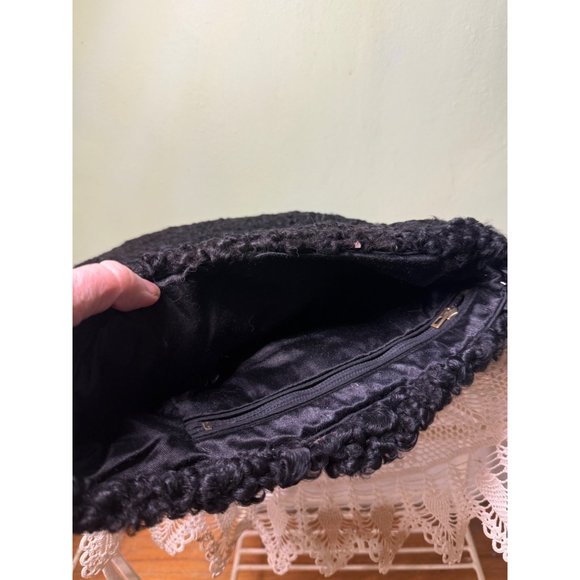 Antique 1920's Curly Black Wool Hand Muff Purse Clutch - Picture 10 of 14
